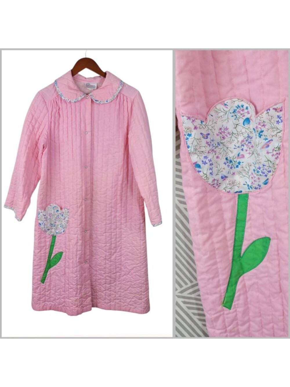 Vintage 80s Quilted Housecoat Robe Small Medium pink Granny midi Tulip Pocket